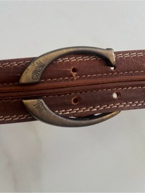 Just Cavalli Brown Leather Belt with Antique Brass Curved Buckle “90